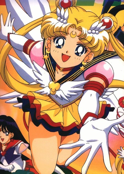 Eine Anime Figur mit (Sailor Moon) mit blonden Haaren und großen Augen streckt eine Hand aus 