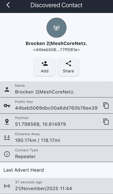 Das Bild zeigt die Oberfläche der Meshcore App an an, die Details eines entdeckten Kontakts namens "Brocken 2|MeshCoreNetz" zeigt. Es enthält einen öffentlichen Schlüssel, geografische Koordinaten, Entfernung (180km entfernt!) Kontakttyp als "Repeater".