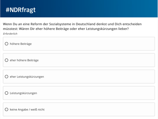 Wenn Du an eine Reform der Sozialsysteme in Deutschland denkst und Dich entscheiden müsstest: Wären Dir eher höhere Beiträge oder eher Leistungskürzungen lieber?

- höhere Beiträge
- eher höhere Beiträge
- eher Leistungskürzungen
- Leistungskürzungen
- keine Angabe / weiß nicht

