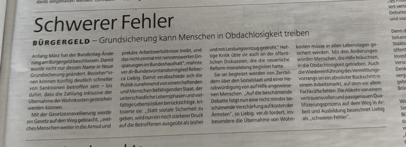 Leider zu lange für ALT-Text.
Die Überschrift lautet: 
Schwerer Fehler
BÜRGERGELD - Grundsicherung kann Menschen in Obdachlosigkeit treiben