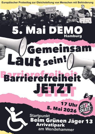Demoplakat das Menschen mit Protestschildern zeigt und ein Piktogramm mit einer Person im Rollstuhl, die die Hände nach oben streckt. Außerdem stehen die Demodaten wie im Toot auch hier 