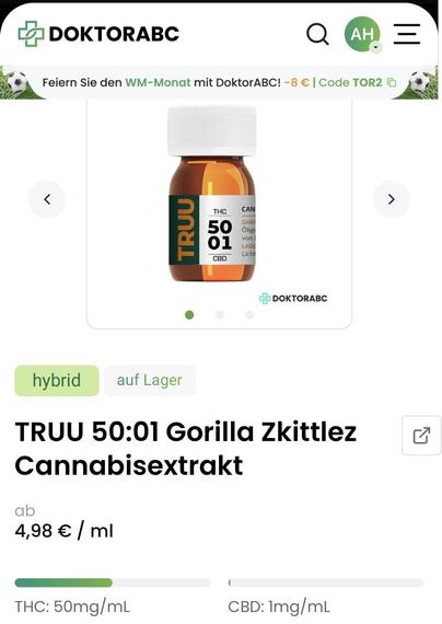 Bild eines Produkts mit der Bezeichnung "TRUU 50:01 Gorilla Zkittlez Cannabis Extract". Die Flasche ist braun mit einem weißen Verschluss und zeigt THC- und CBD-Konzentrationen (50 mg/ml THC und 1 mg/ml CBD). 